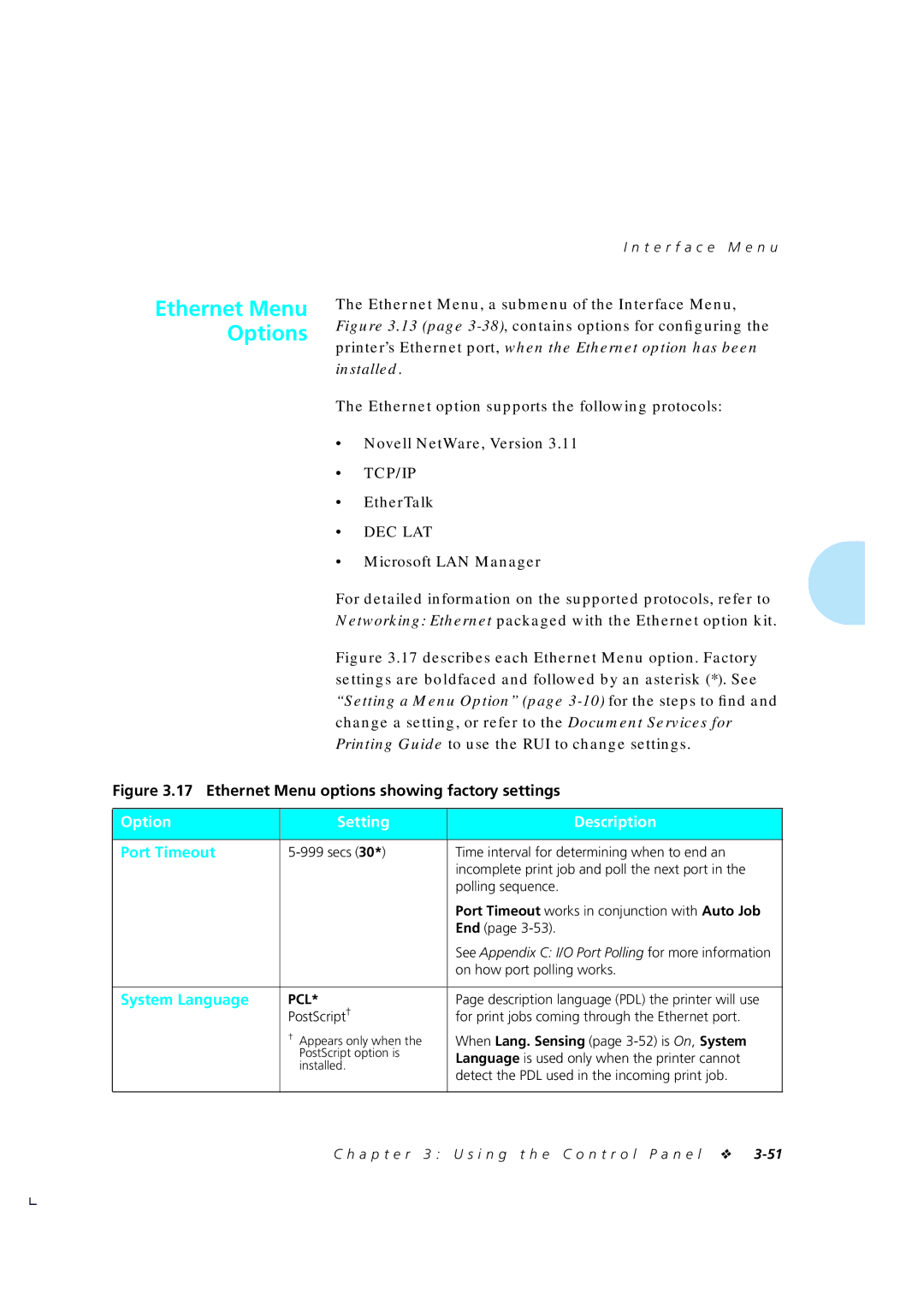 Xerox 4510/4510ps, 4505/4505ps manual Ethernet Menu Options 