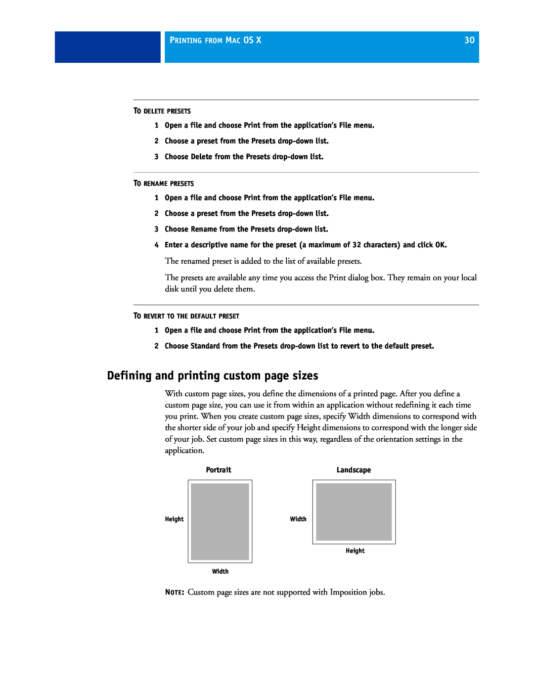 Xerox 45069888 manual Defining and printing custom page sizes, To Delete Presets, To Rename Presets 