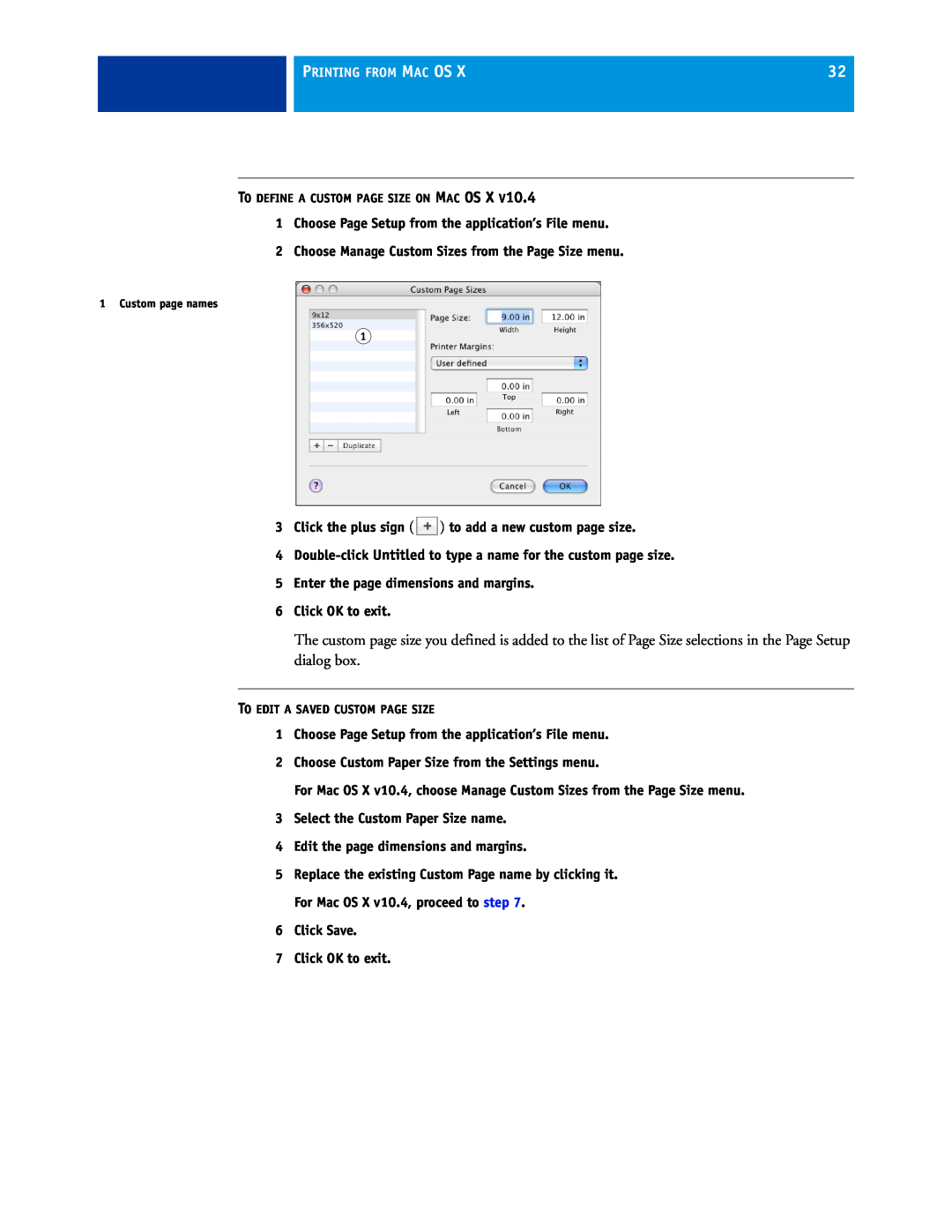 Xerox 45069888 manual Printing From Mac Os, To Define A Custom Page Size On Mac Os X, To Edit A Saved Custom Page Size 