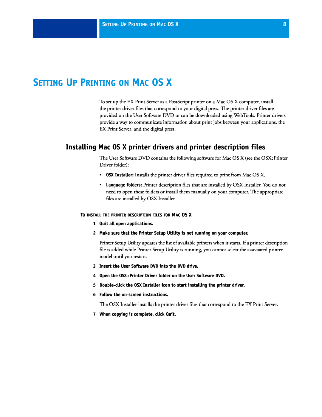 Xerox 45069888 manual Setting Up Printing On Mac Os, Installing Mac OS X printer drivers and printer description files 
