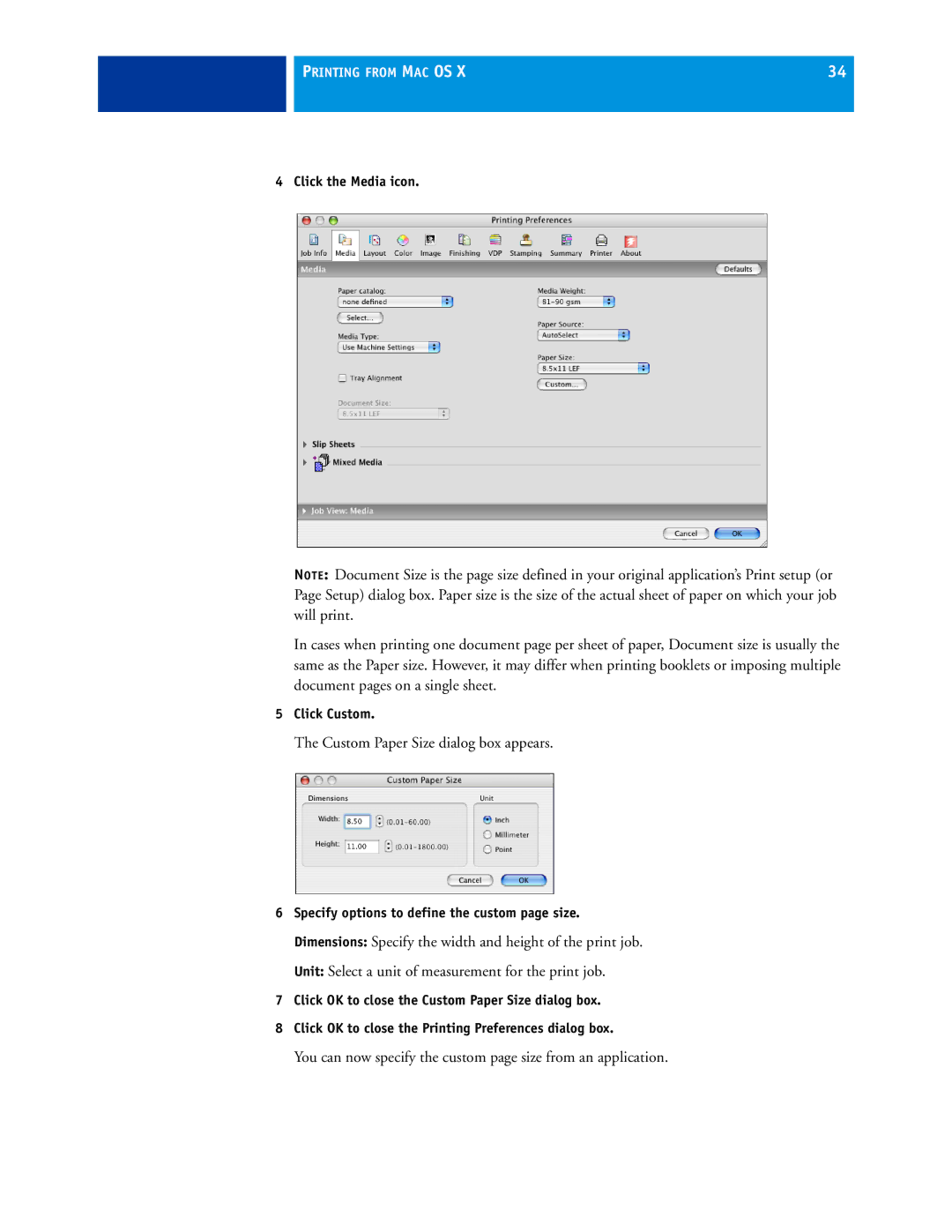 Xerox 45069888 manual Custom Paper Size dialog box appears, Unit Select a unit of measurement for the print job 