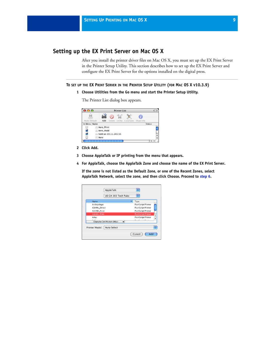 Xerox 45069888 manual Setting up the EX Print Server on Mac OS, Printer List dialog box appears 