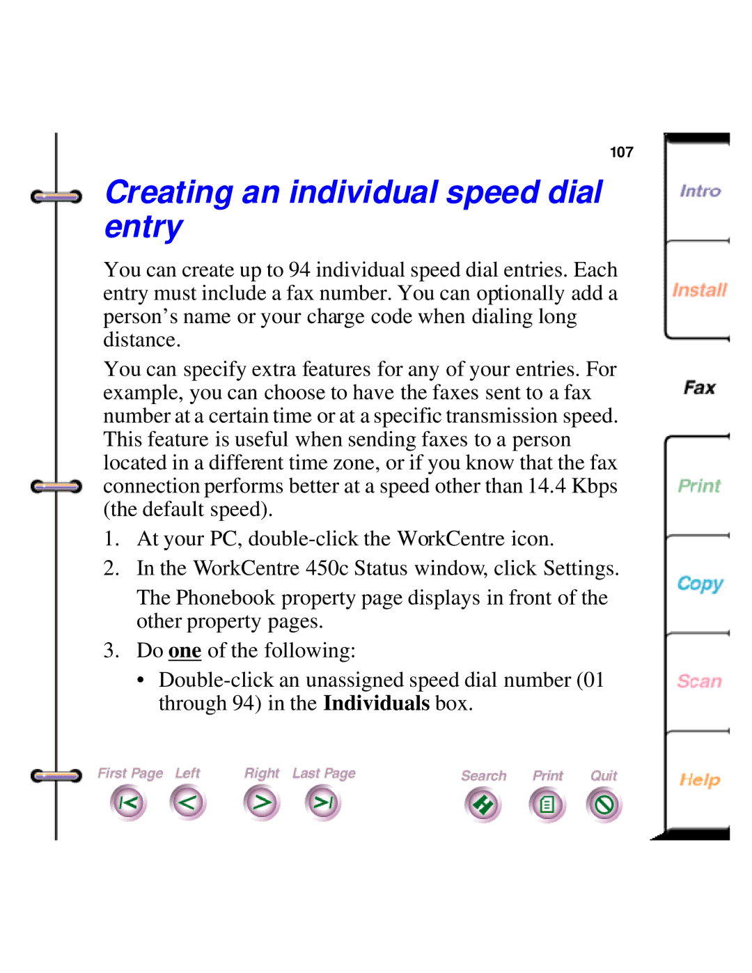 Xerox 450c manual Creating an individual speed dial entry 