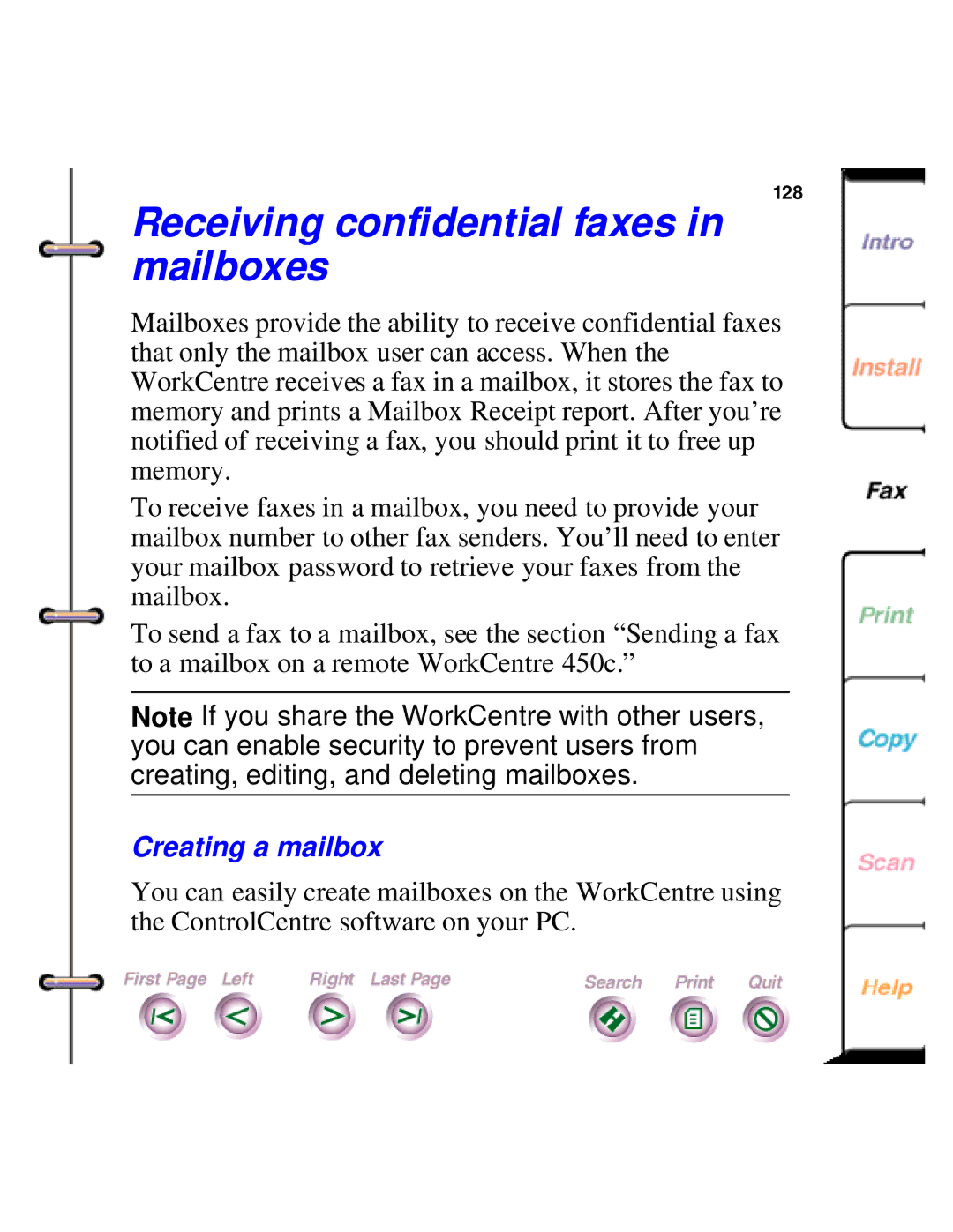 Xerox 450c manual Receiving confidential faxes in mailboxes, Creating a mailbox 