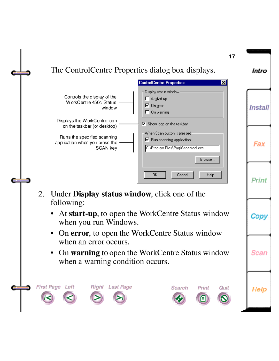 Xerox 450c manual ControlCentre Properties dialog box displays 