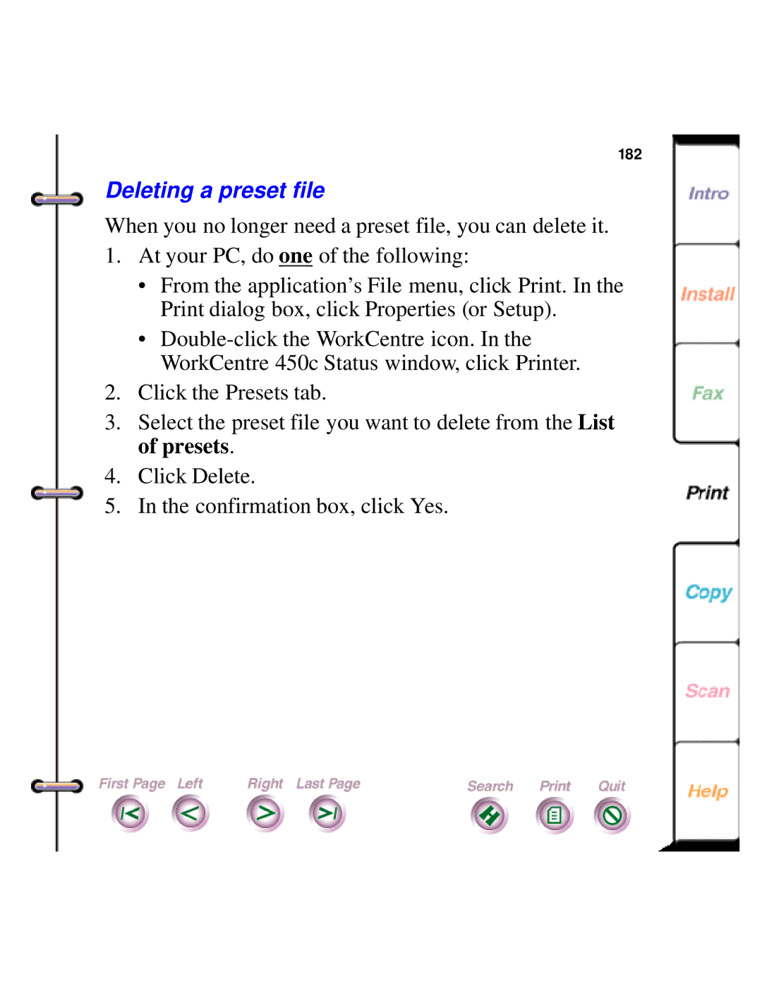 Xerox 450c manual Deleting a preset file 