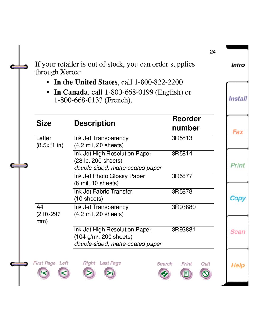 Xerox 450c manual Size Description Reorder Number 