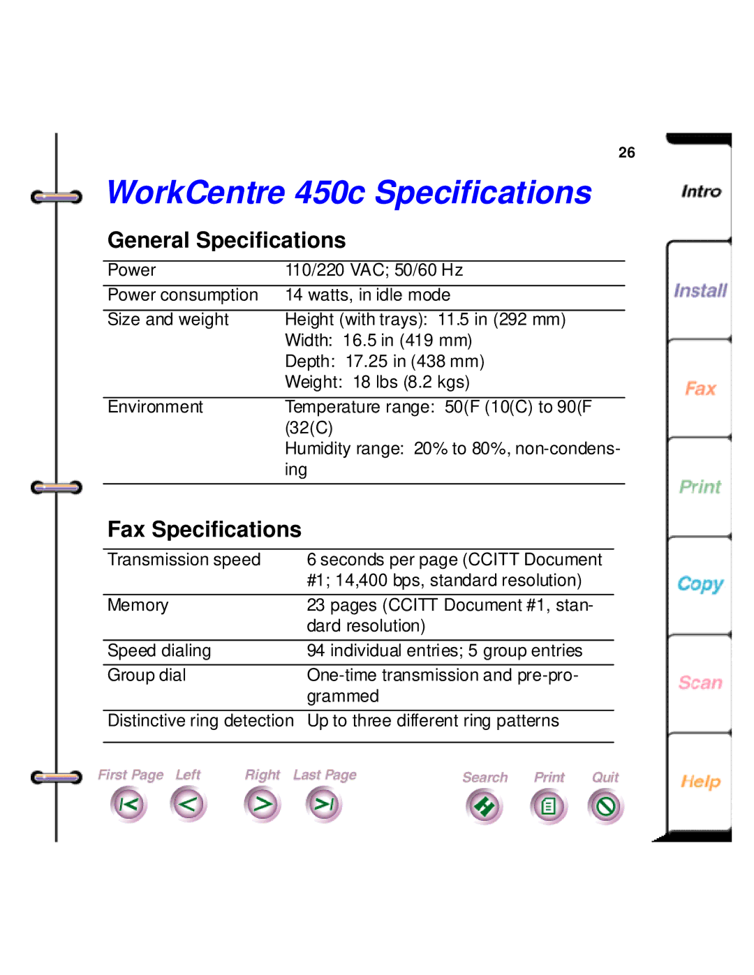 Xerox manual WorkCentre 450c Specifications, General Specifications 