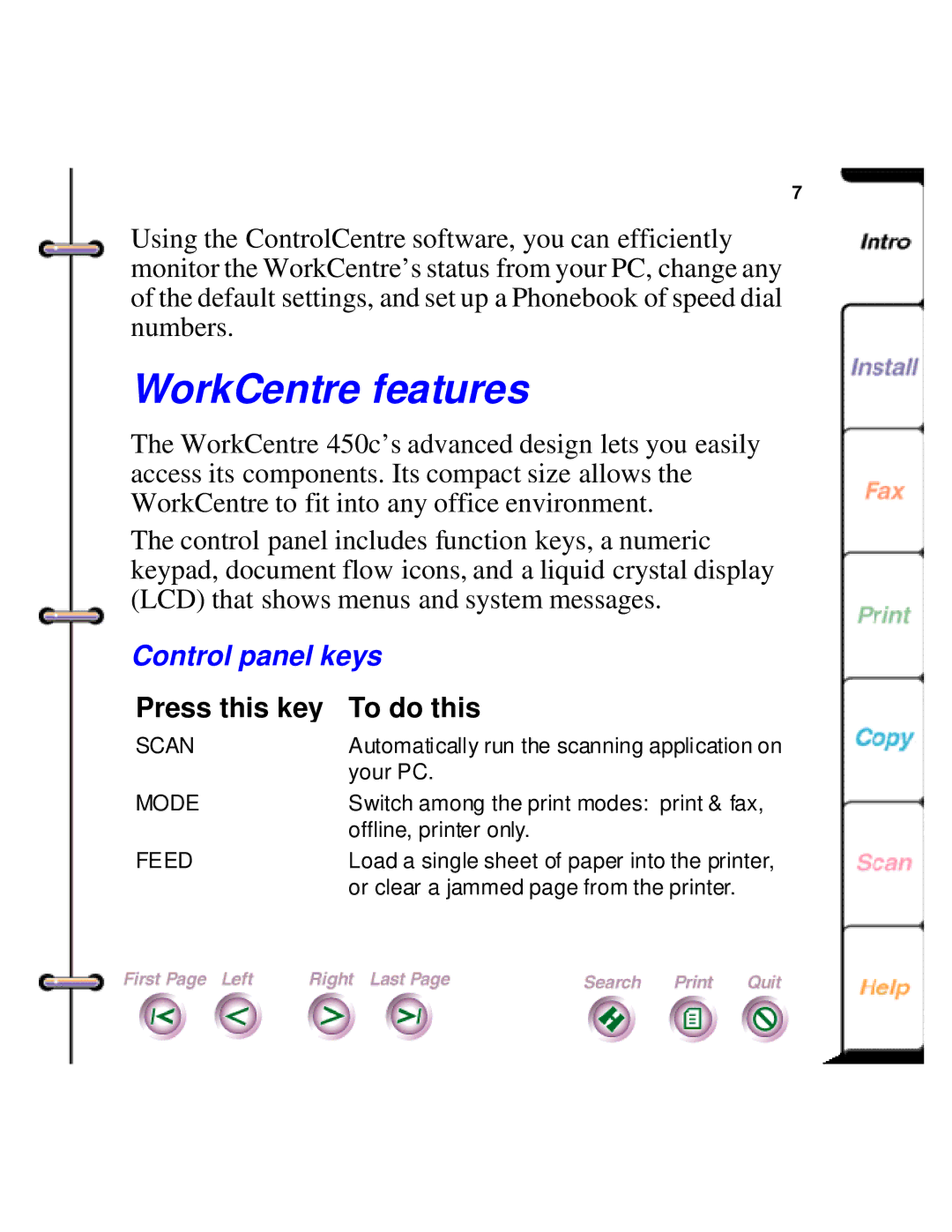 Xerox 450c manual WorkCentre features, Control panel keys 