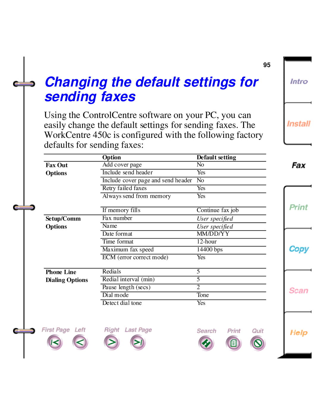 Xerox 450c manual Changing the default settings for sending faxes, Options 