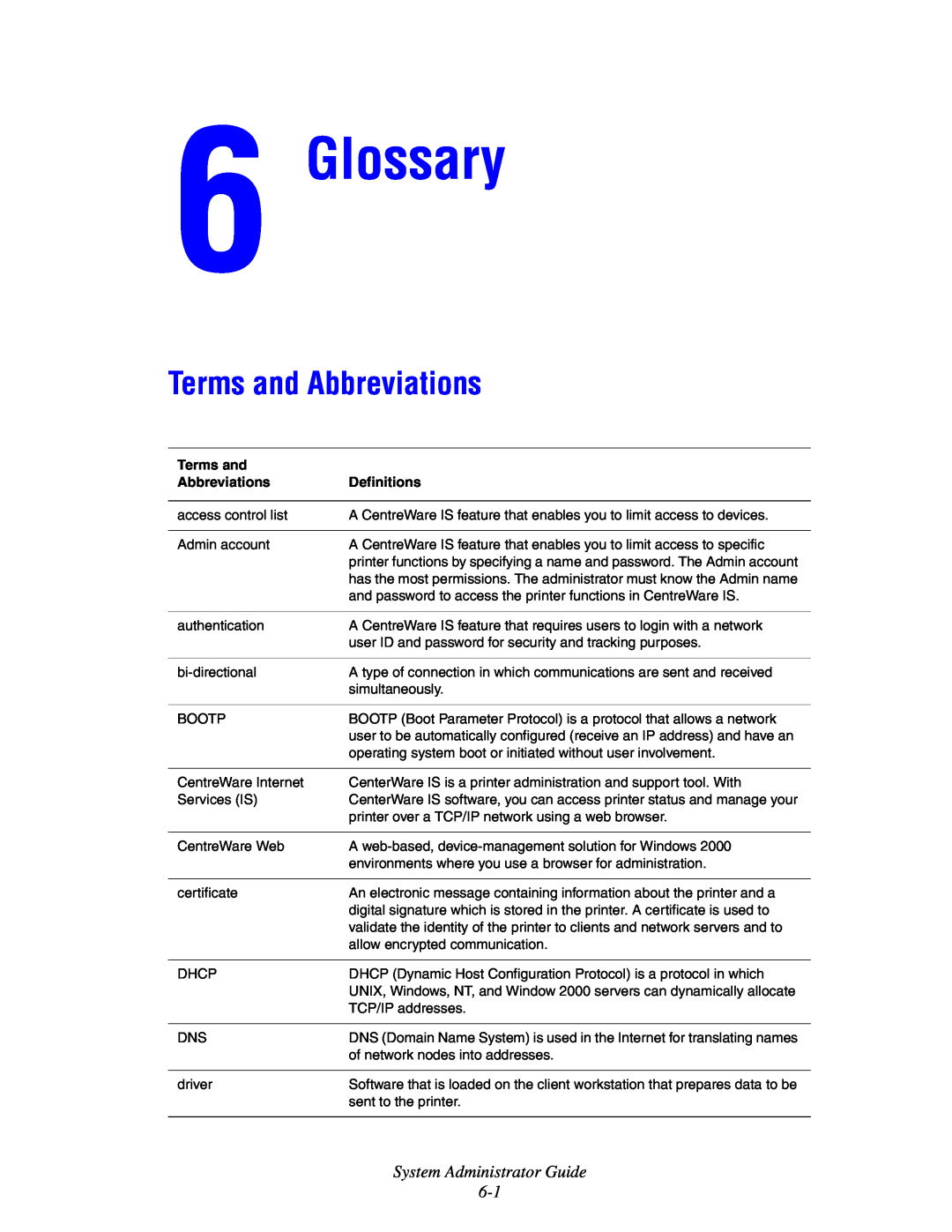 Xerox 1235/DX, 4510, 1235DT manual Glossary, Terms and Abbreviations, System Administrator Guide 6-1, Definitions 