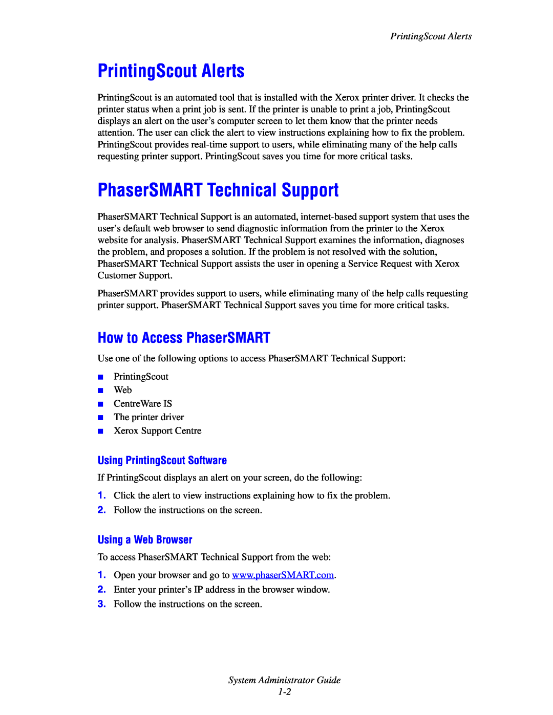 Xerox 1235/DX PrintingScout Alerts, PhaserSMART Technical Support, How to Access PhaserSMART, Using PrintingScout Software 