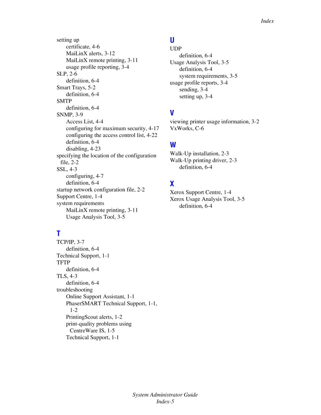 Xerox 1235DT, 4510, 1235/DX manual System Administrator Guide Index-5 