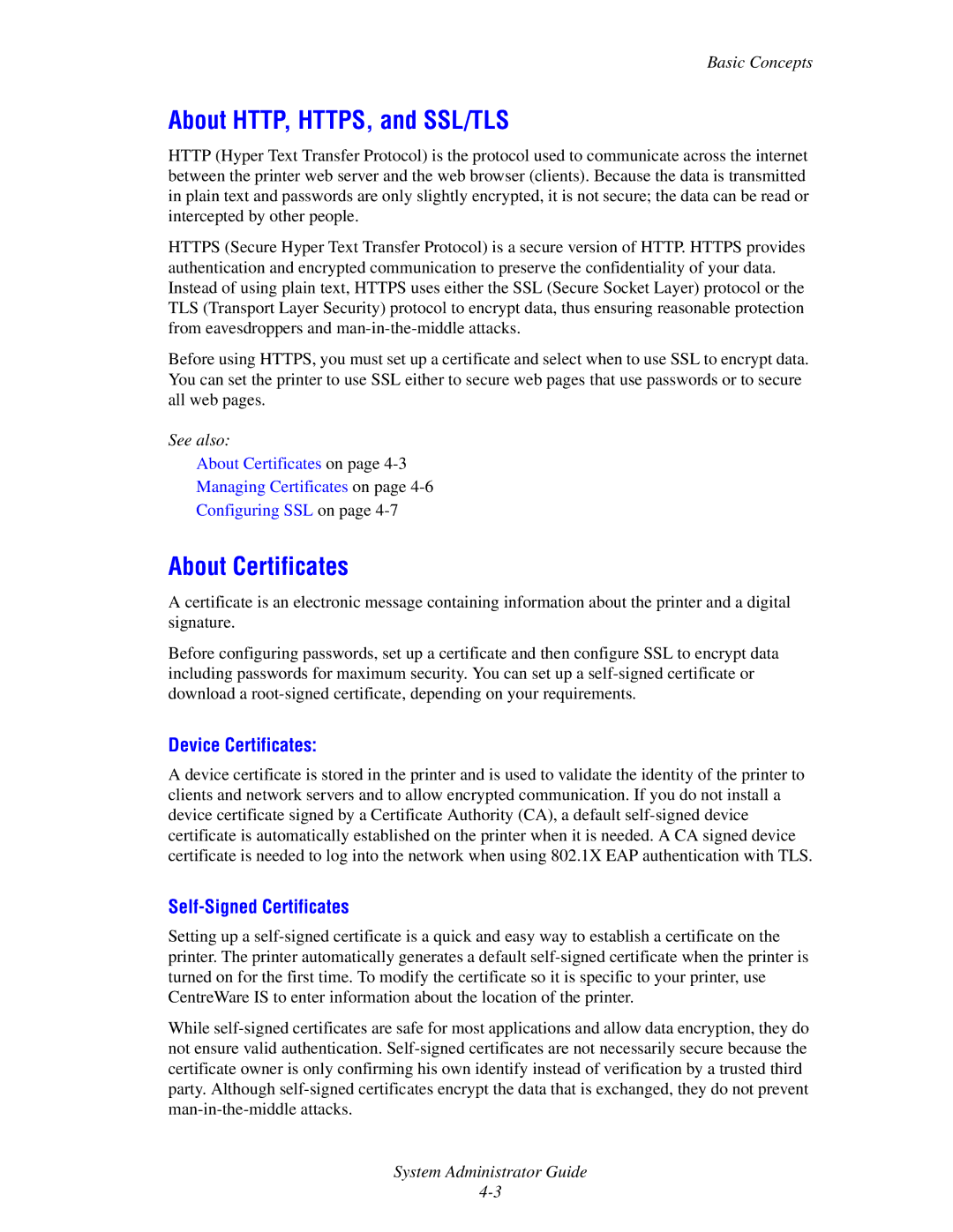 Xerox 1235/DX, 4510 manual About HTTP, HTTPS, and SSL/TLS, About Certificates, Device Certificates, Self-Signed Certificates 