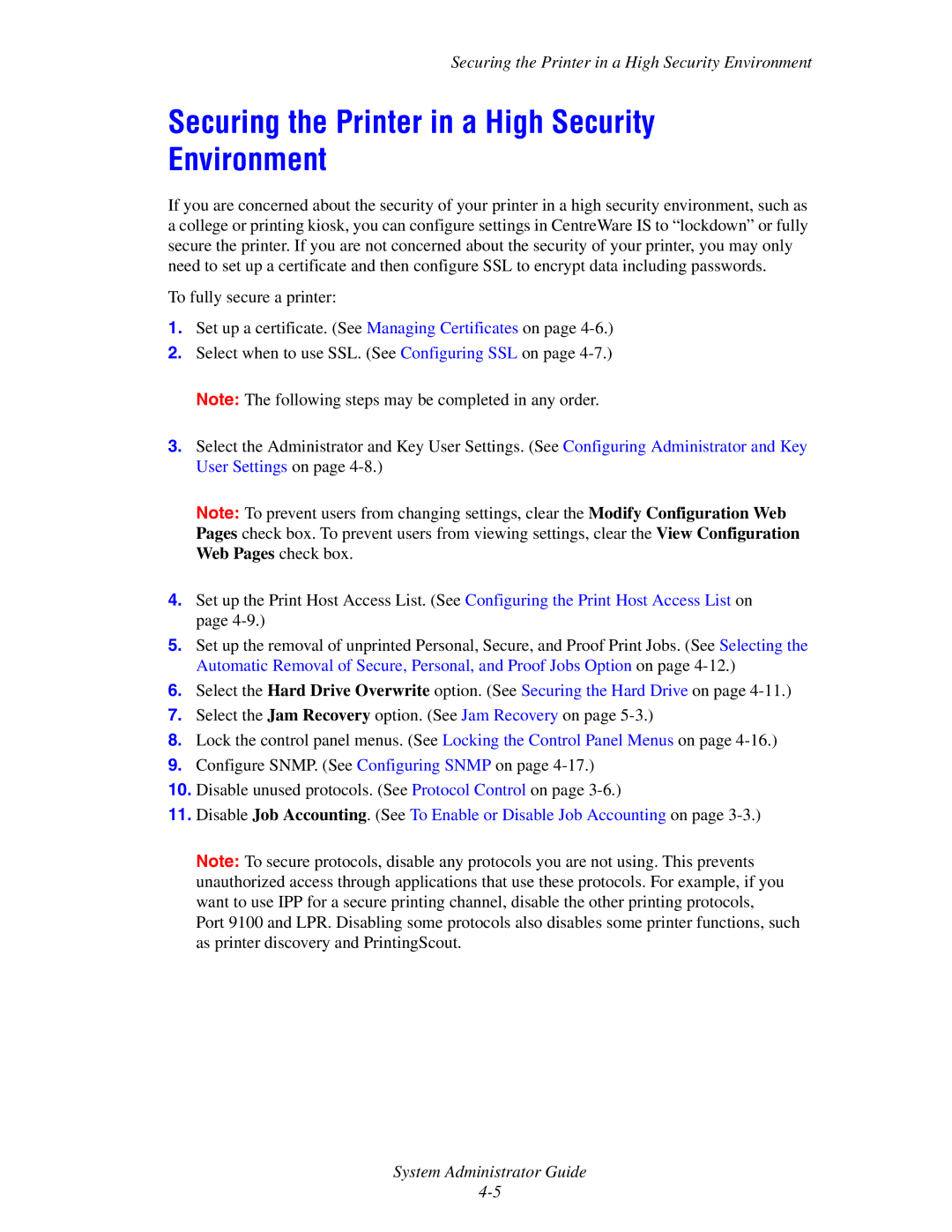 Xerox 4510, 1235/DX, 1235DT manual Securing the Printer in a High Security Environment 