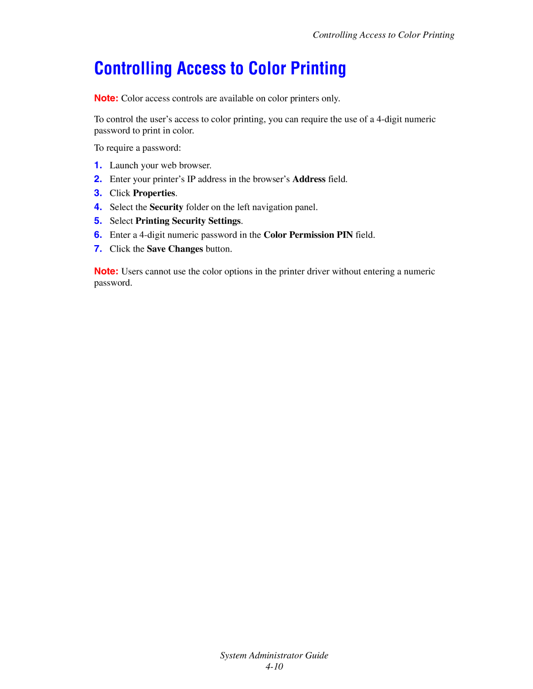 Xerox 1235DT, 4510, 1235/DX manual Controlling Access to Color Printing 