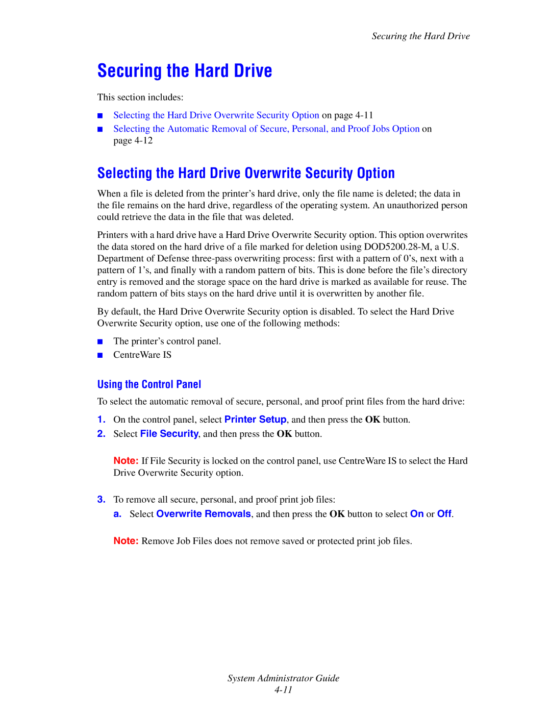 Xerox 4510, 1235/DX Securing the Hard Drive, Selecting the Hard Drive Overwrite Security Option, Using the Control Panel 