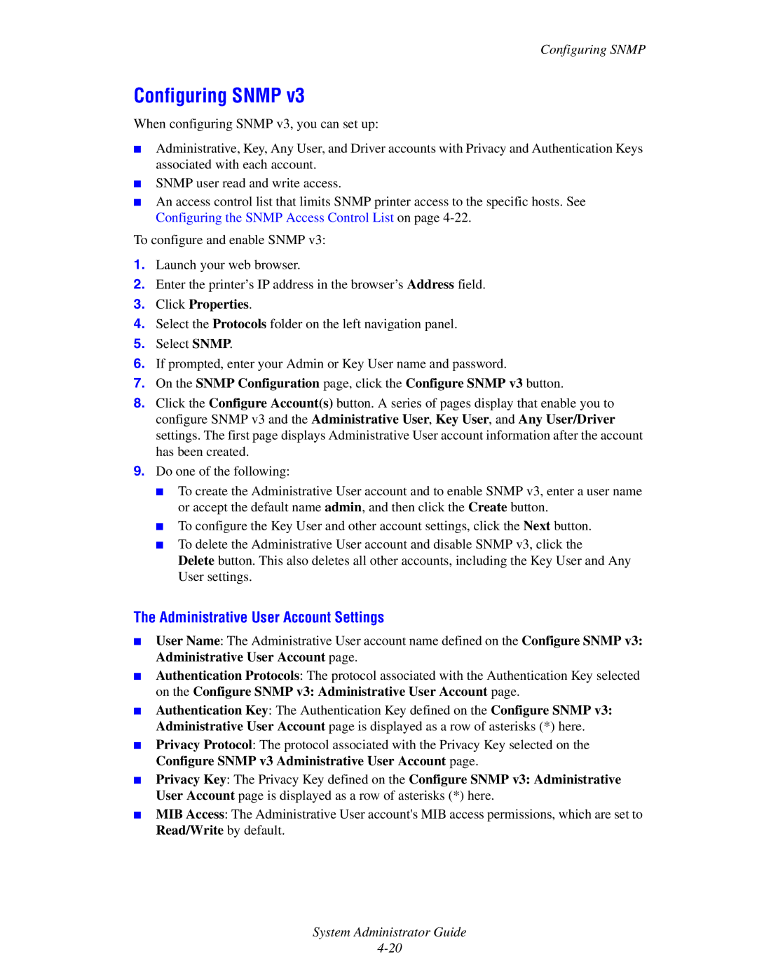 Xerox 4510 Configuring Snmp, Administrative User Account Settings, On the Configure Snmp v3 Administrative User Account 