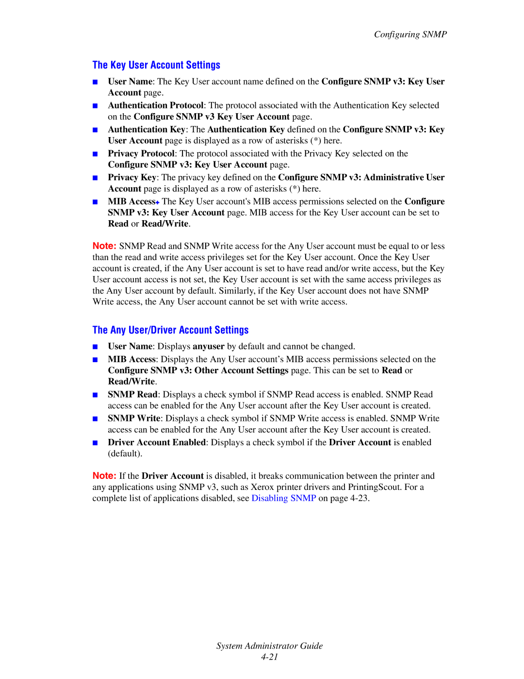 Xerox 1235/DX, 4510, 1235DT manual Key User Account Settings, Any User/Driver Account Settings 