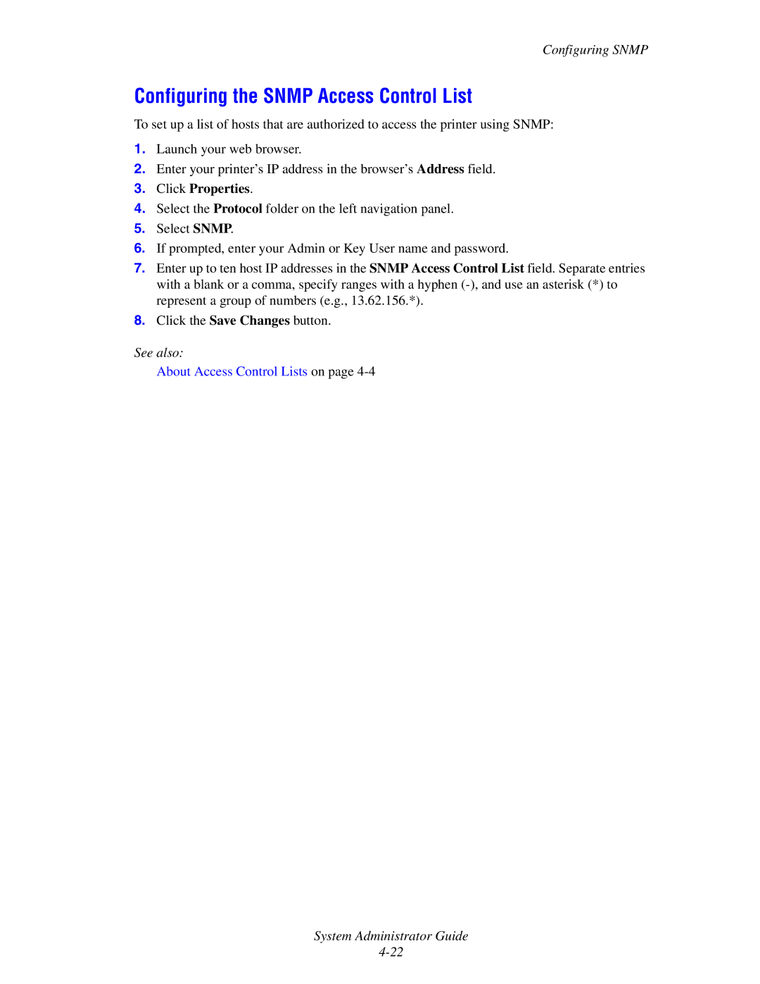 Xerox 1235DT, 4510, 1235/DX manual Configuring the Snmp Access Control List 