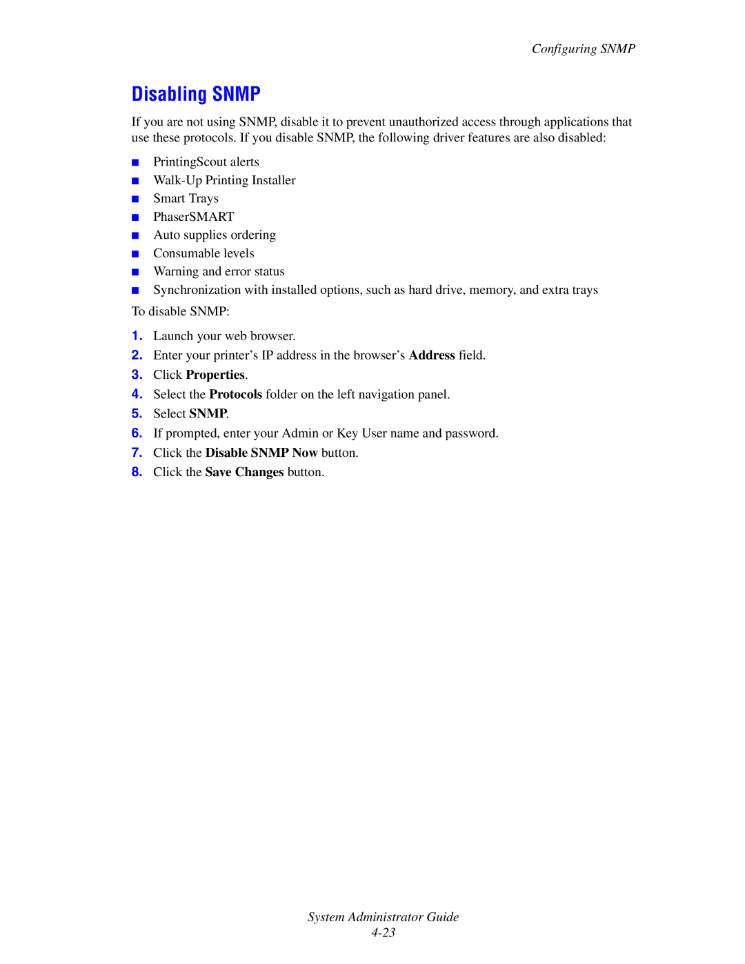 Xerox 4510, 1235/DX, 1235DT manual Disabling Snmp 