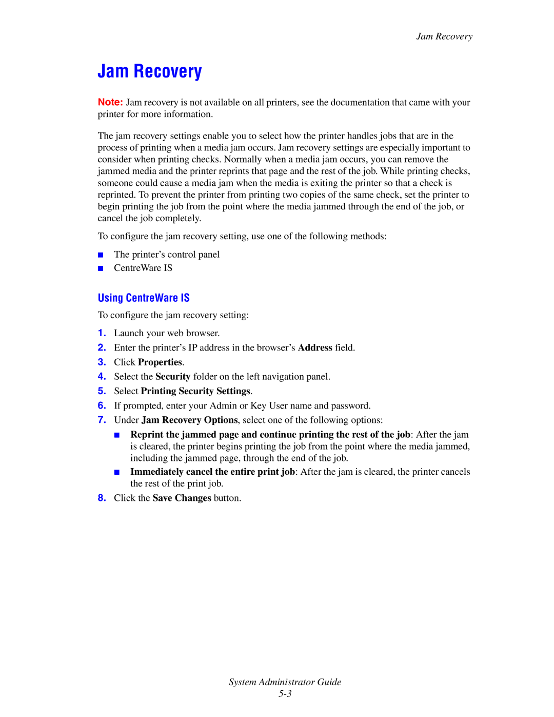 Xerox 4510, 1235/DX, 1235DT manual Jam Recovery, Using CentreWare is 