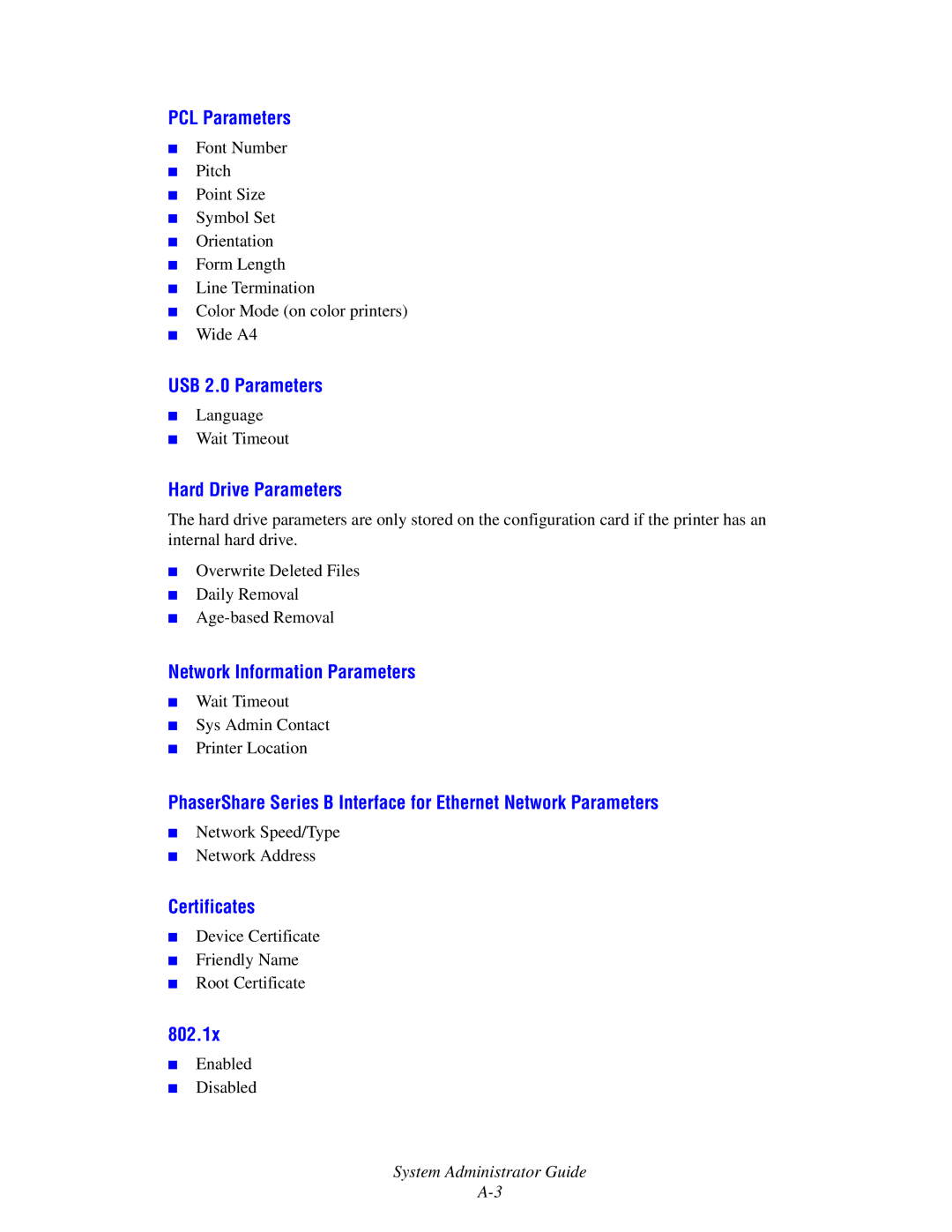 Xerox 1235/DX PCL Parameters, USB 2.0 Parameters, Hard Drive Parameters, Network Information Parameters, Certificates 