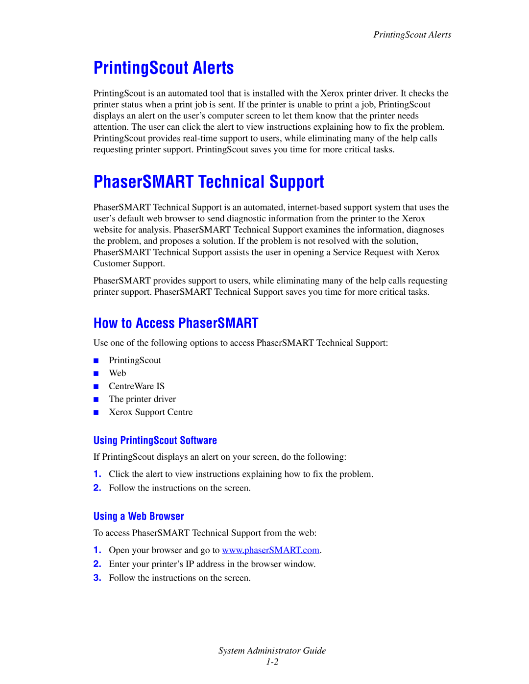 Xerox 1235/DX PrintingScout Alerts, PhaserSMART Technical Support, How to Access PhaserSMART, Using PrintingScout Software 