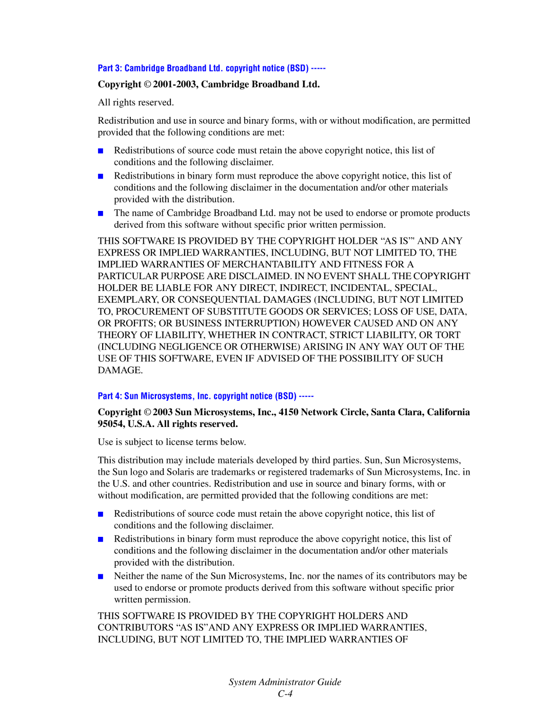 Xerox 1235/DX, 4510, 1235DT manual Part 4 Sun Microsystems, Inc. copyright notice BSD 