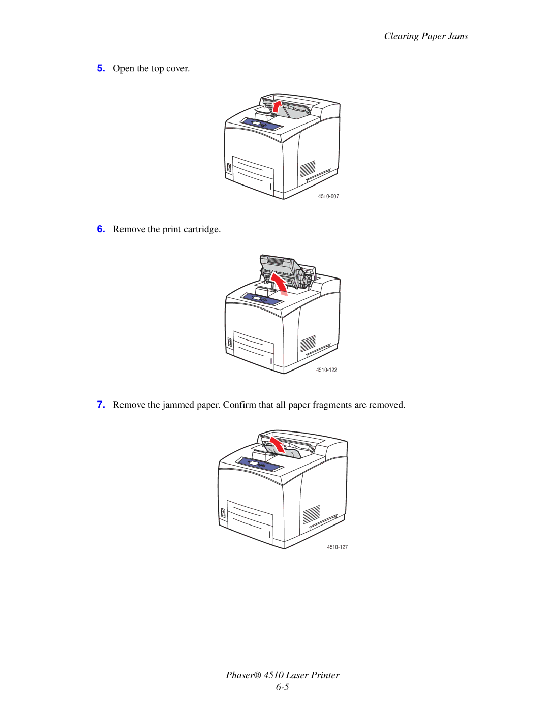 Xerox 4510 manual Open the top cover, Remove the print cartridge 