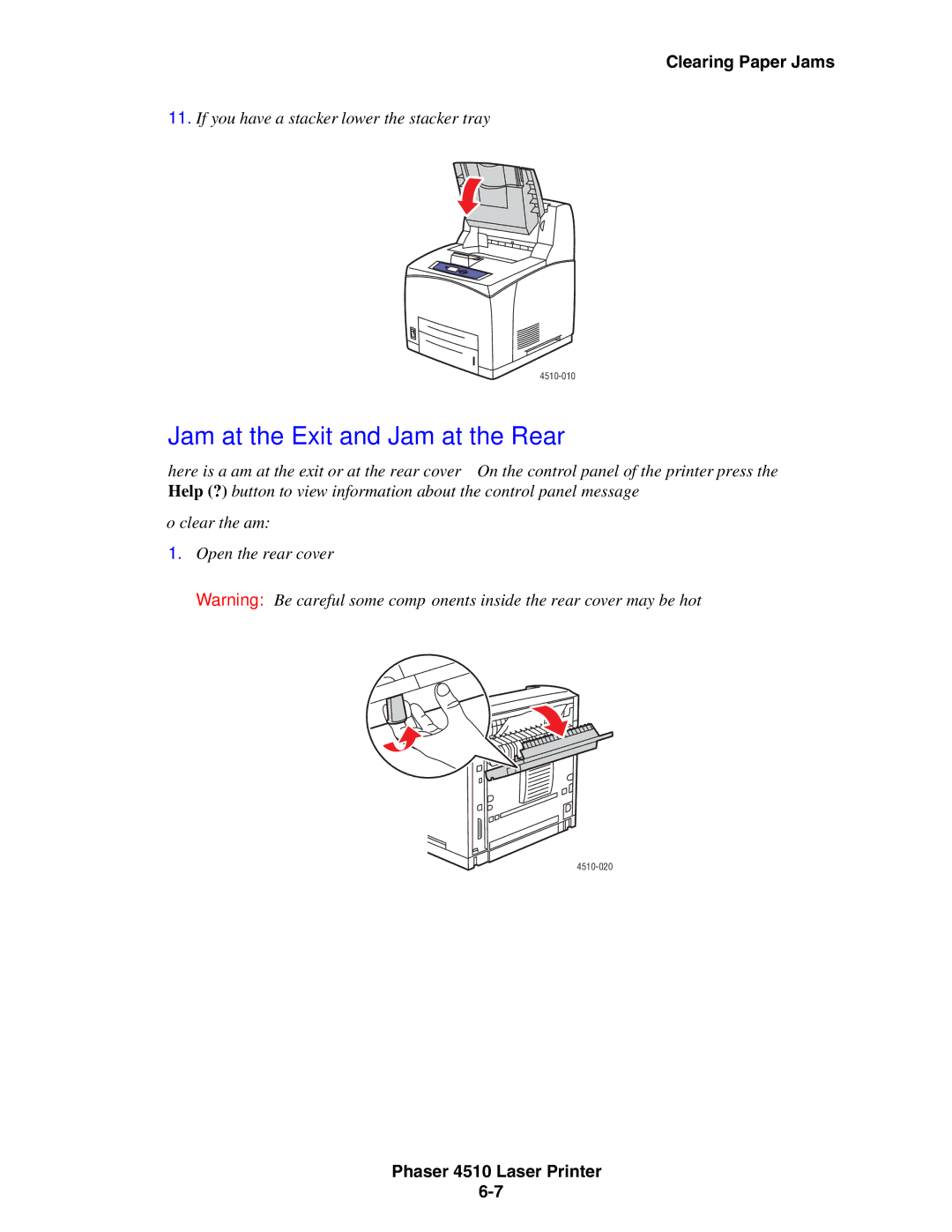 Xerox 4510 manual Jam at the Exit and Jam at the Rear, If you have a stacker, lower the stacker tray 