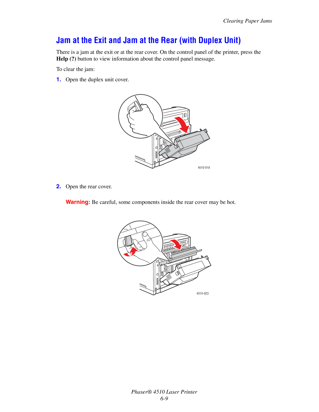 Xerox 4510 manual Jam at the Exit and Jam at the Rear with Duplex Unit 