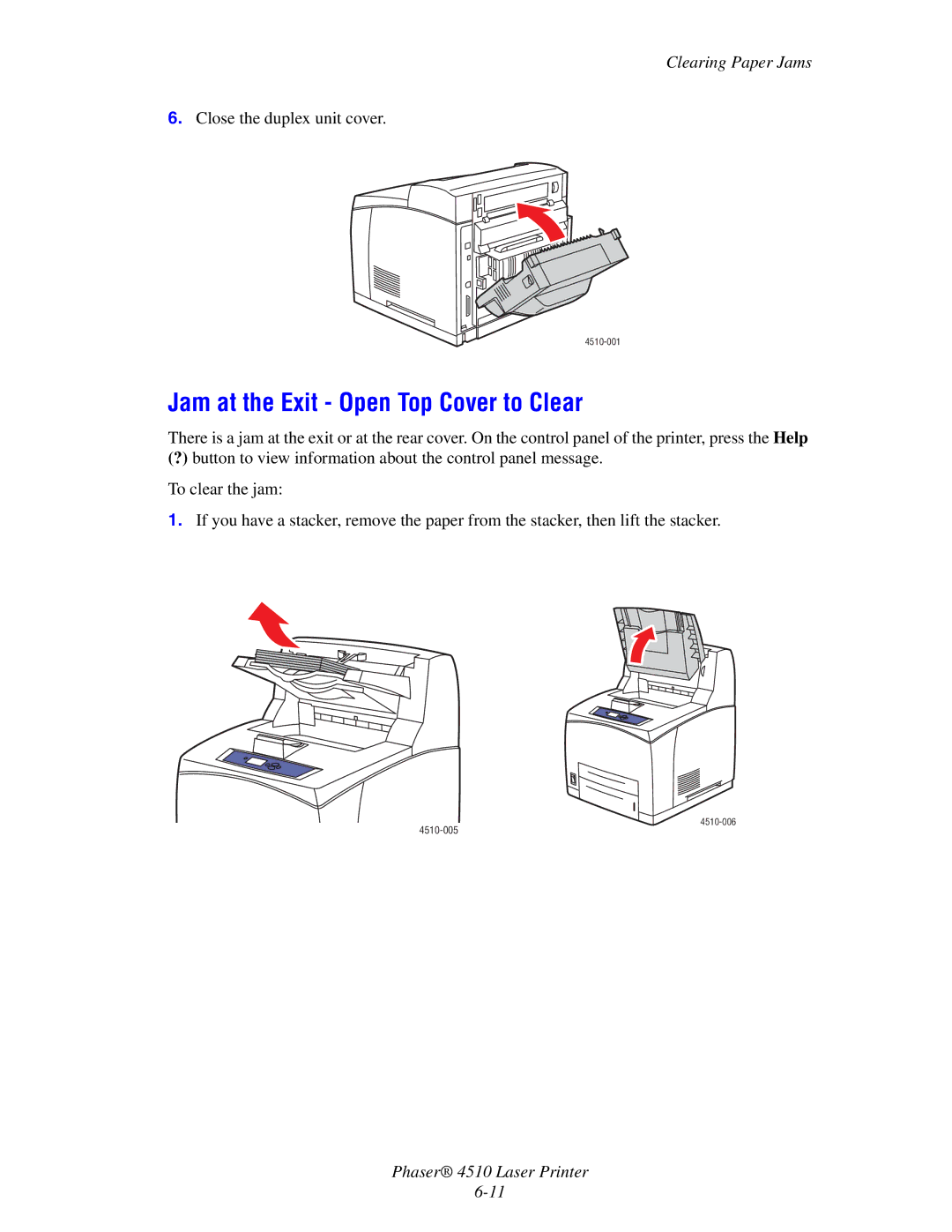 Xerox 4510 manual Jam at the Exit Open Top Cover to Clear, Close the duplex unit cover 