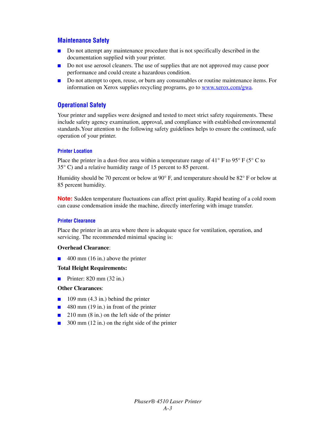 Xerox 4510 manual Maintenance Safety, Operational Safety, 400 mm 16 in. above the printer, Printer 820 mm 32 