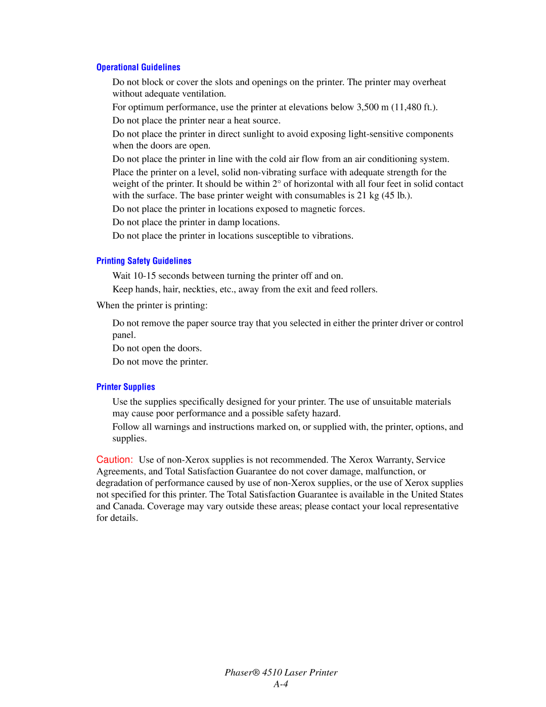 Xerox 4510 manual Operational Guidelines 