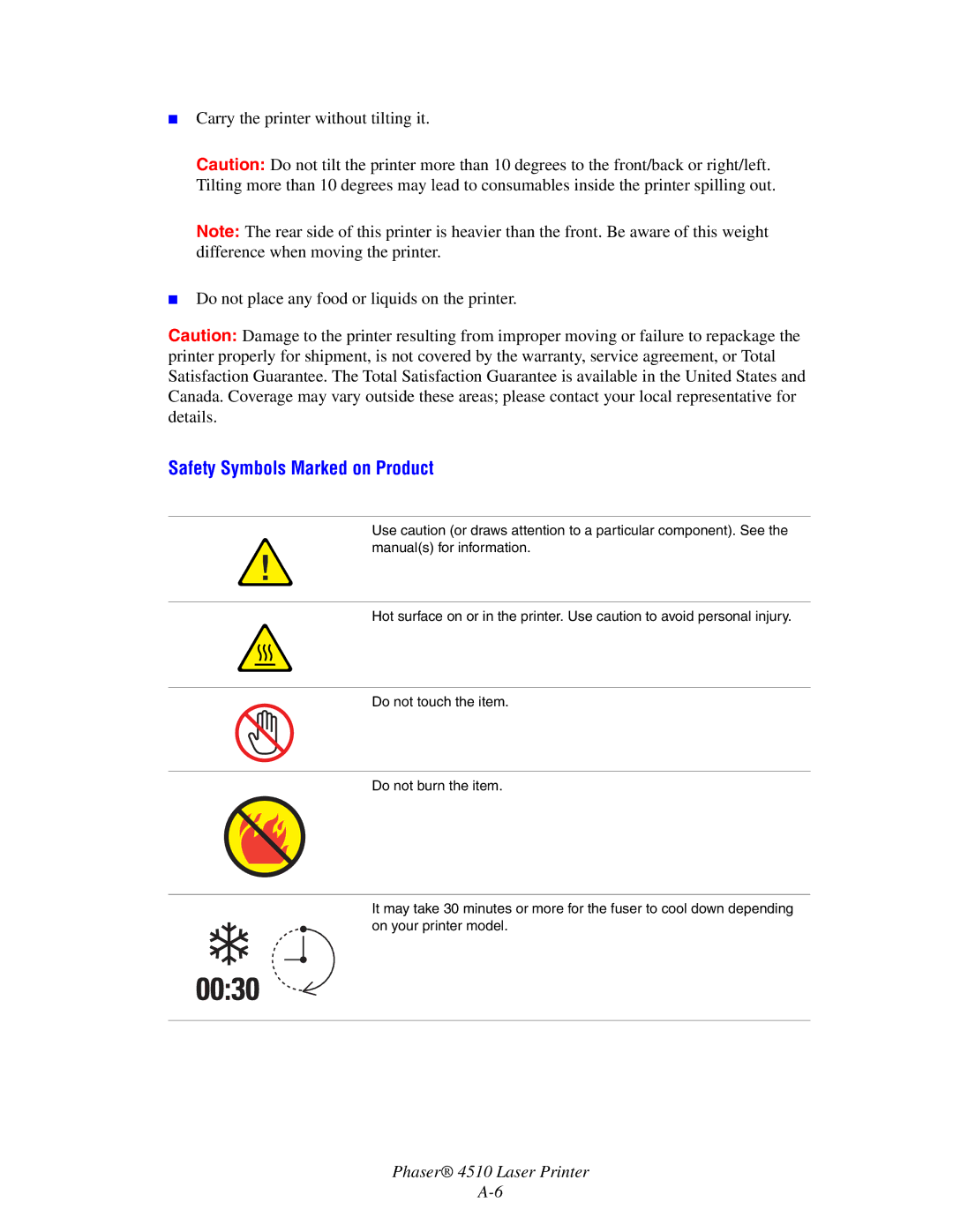 Xerox 4510 manual Safety Symbols Marked on Product 