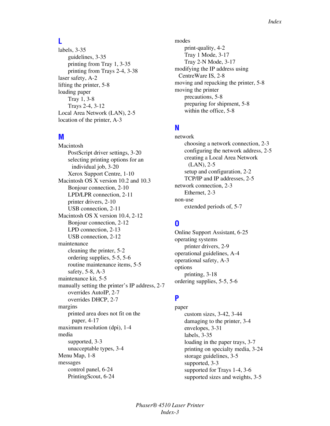 Xerox manual Phaser 4510 Laser Printer Index-3 