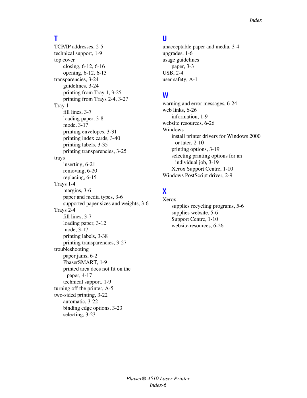 Xerox manual Phaser 4510 Laser Printer Index-6 