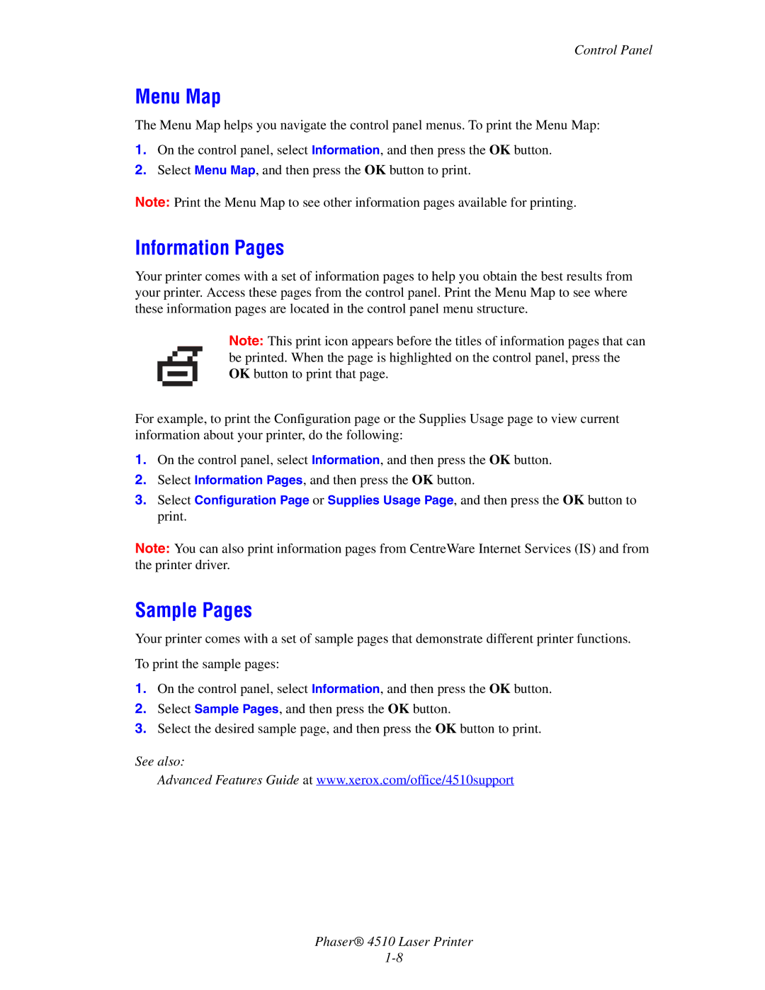 Xerox 4510 manual Menu Map, Information Pages, Sample Pages 