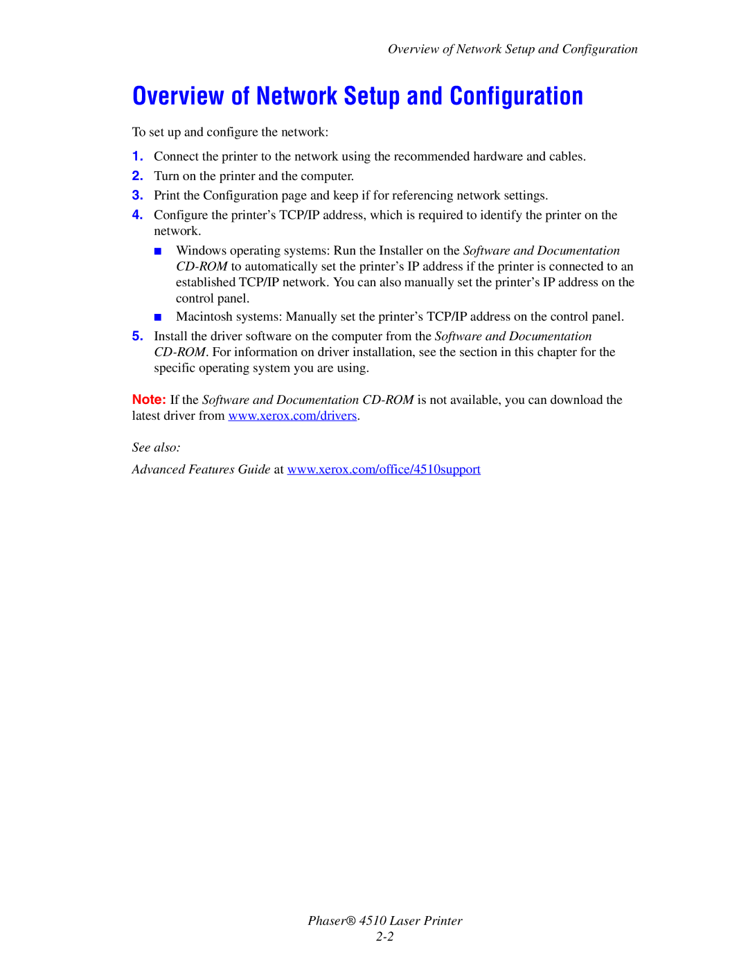 Xerox 4510 manual Overview of Network Setup and Configuration 