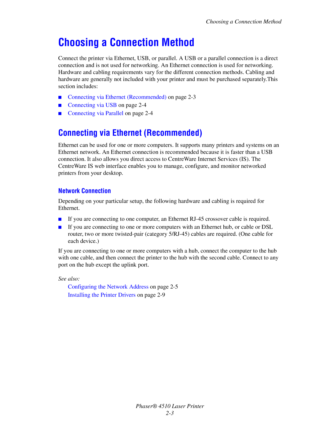 Xerox 4510 manual Choosing a Connection Method, Connecting via Ethernet Recommended, Network Connection 