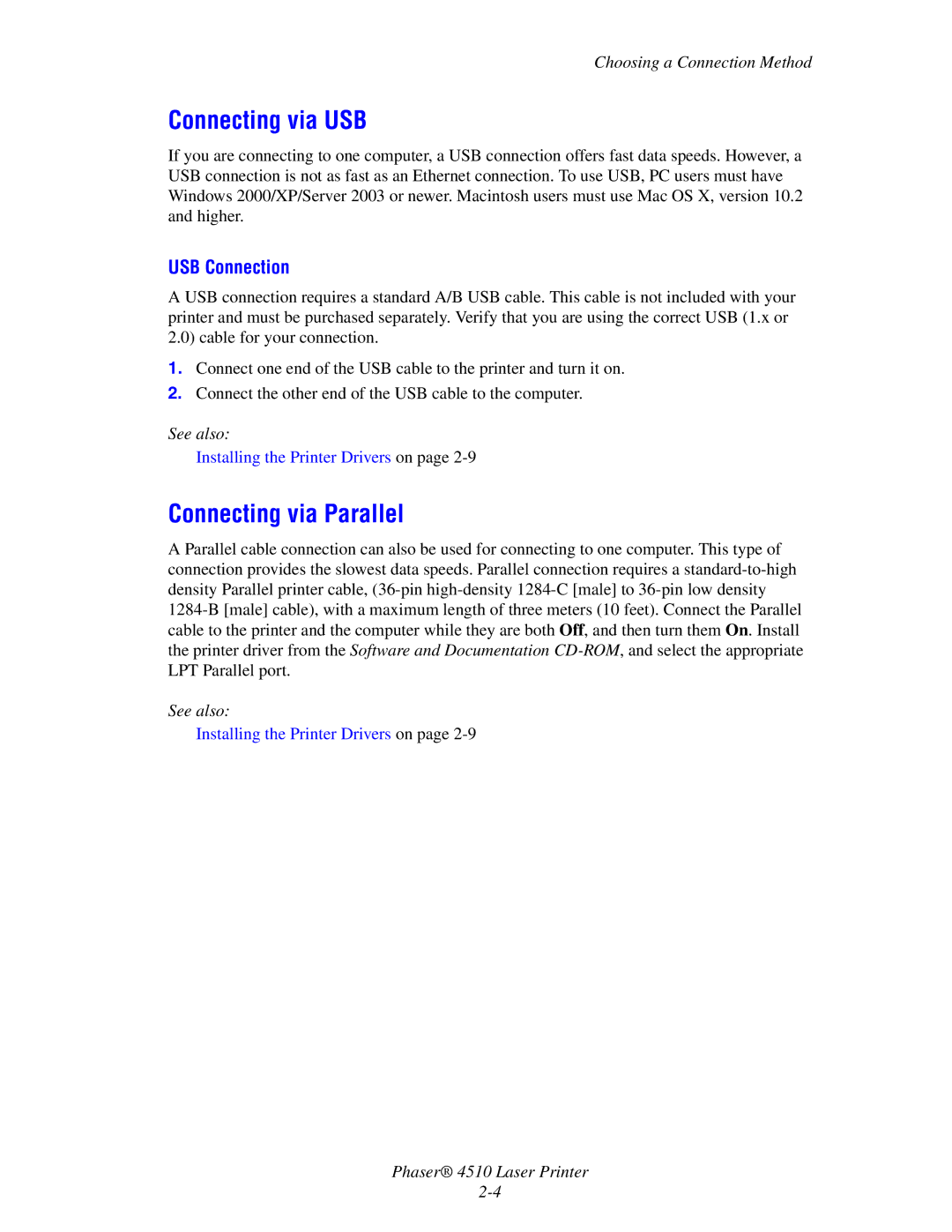 Xerox 4510 manual Connecting via USB, Connecting via Parallel, USB Connection 