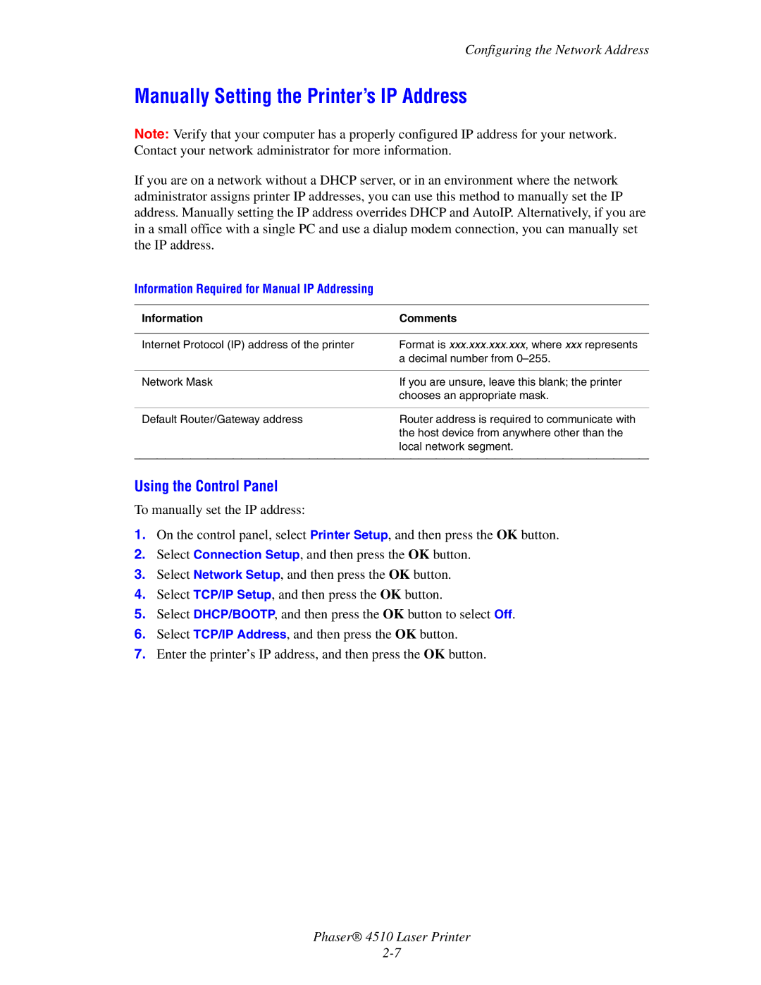 Xerox 4510 manual Manually Setting the Printer’s IP Address, Information Required for Manual IP Addressing 