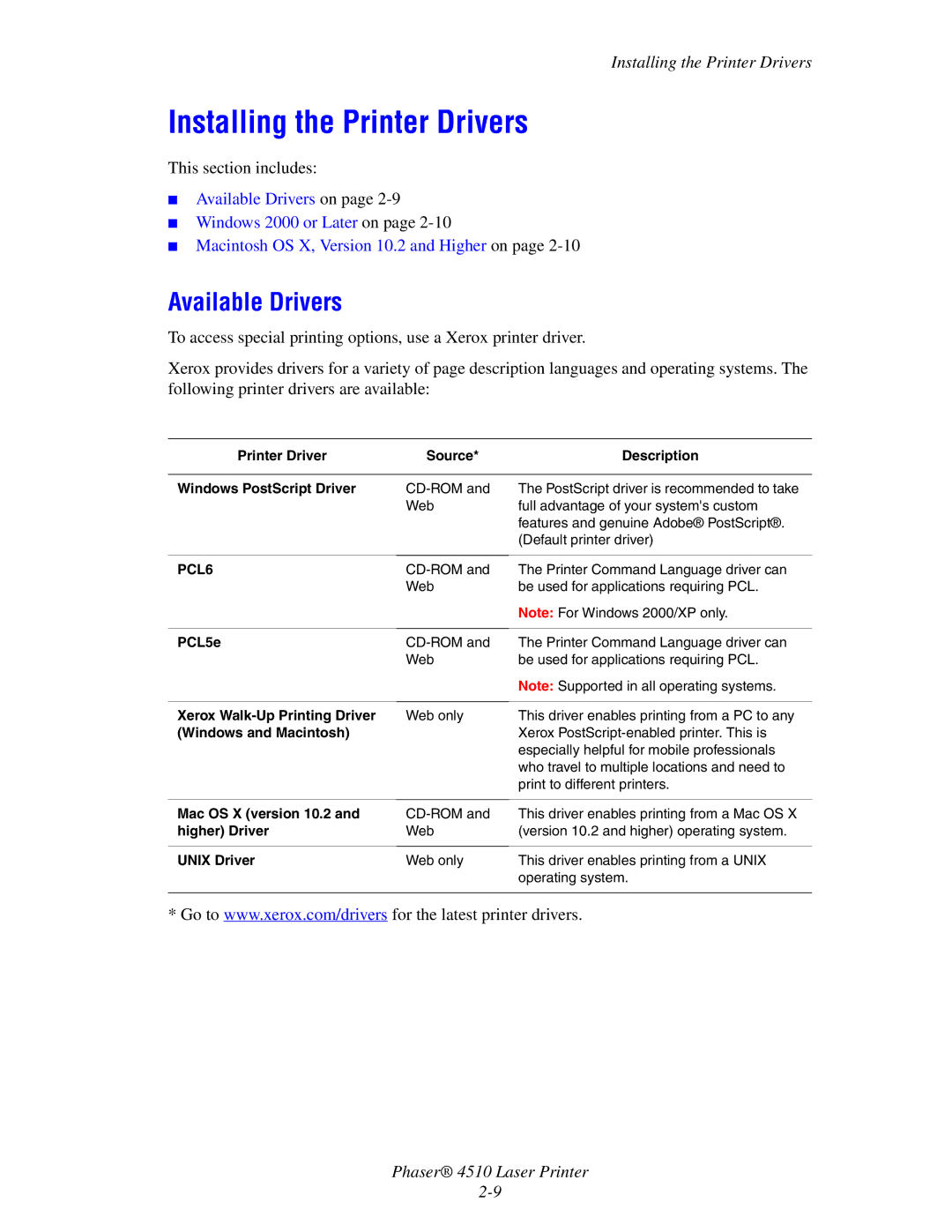 Xerox 4510 manual Installing the Printer Drivers, Available Drivers 