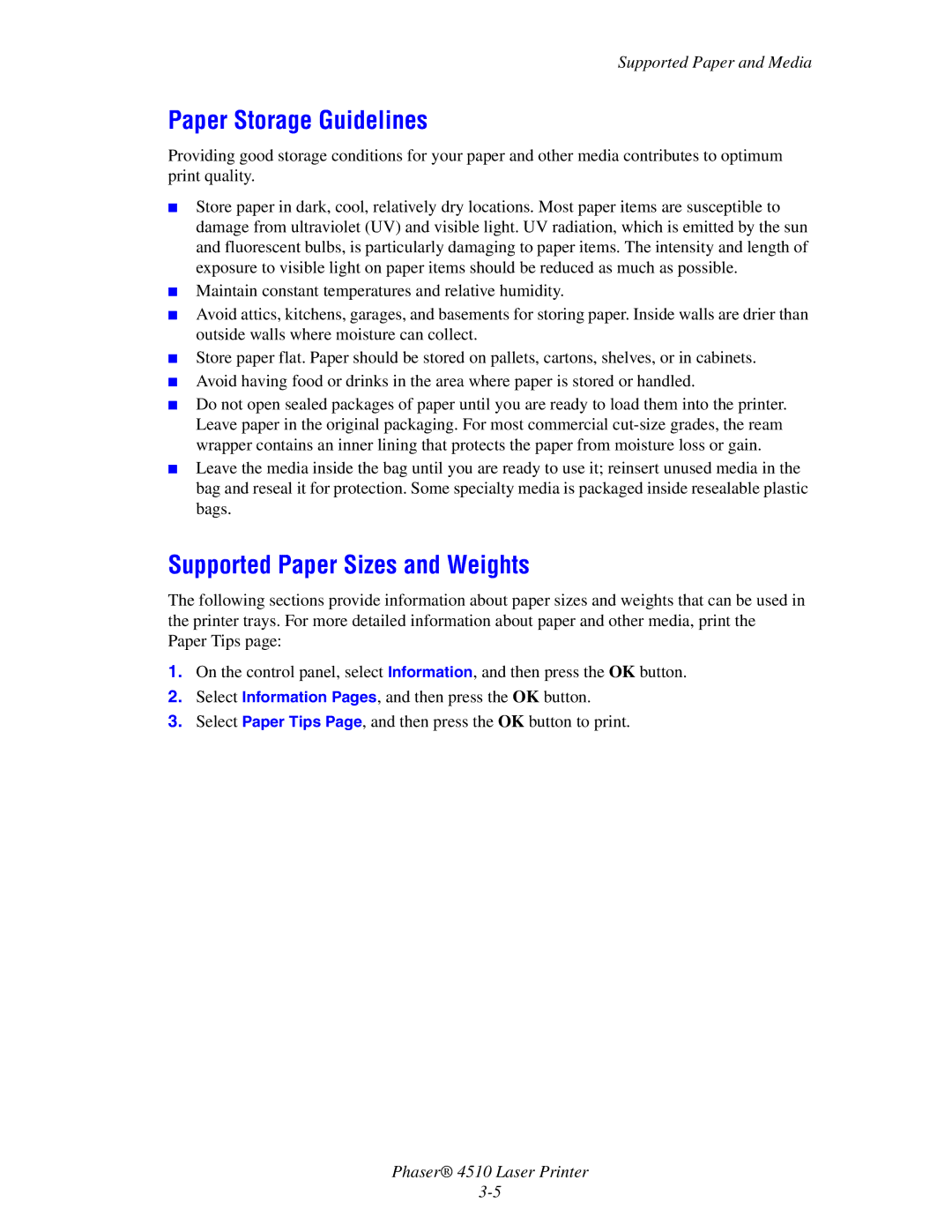 Xerox 4510 manual Paper Storage Guidelines, Supported Paper Sizes and Weights 