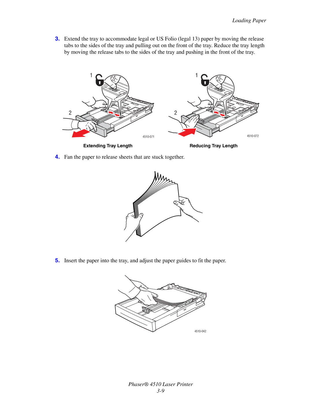 Xerox 4510 manual Extending Tray Length Reducing Tray Length 