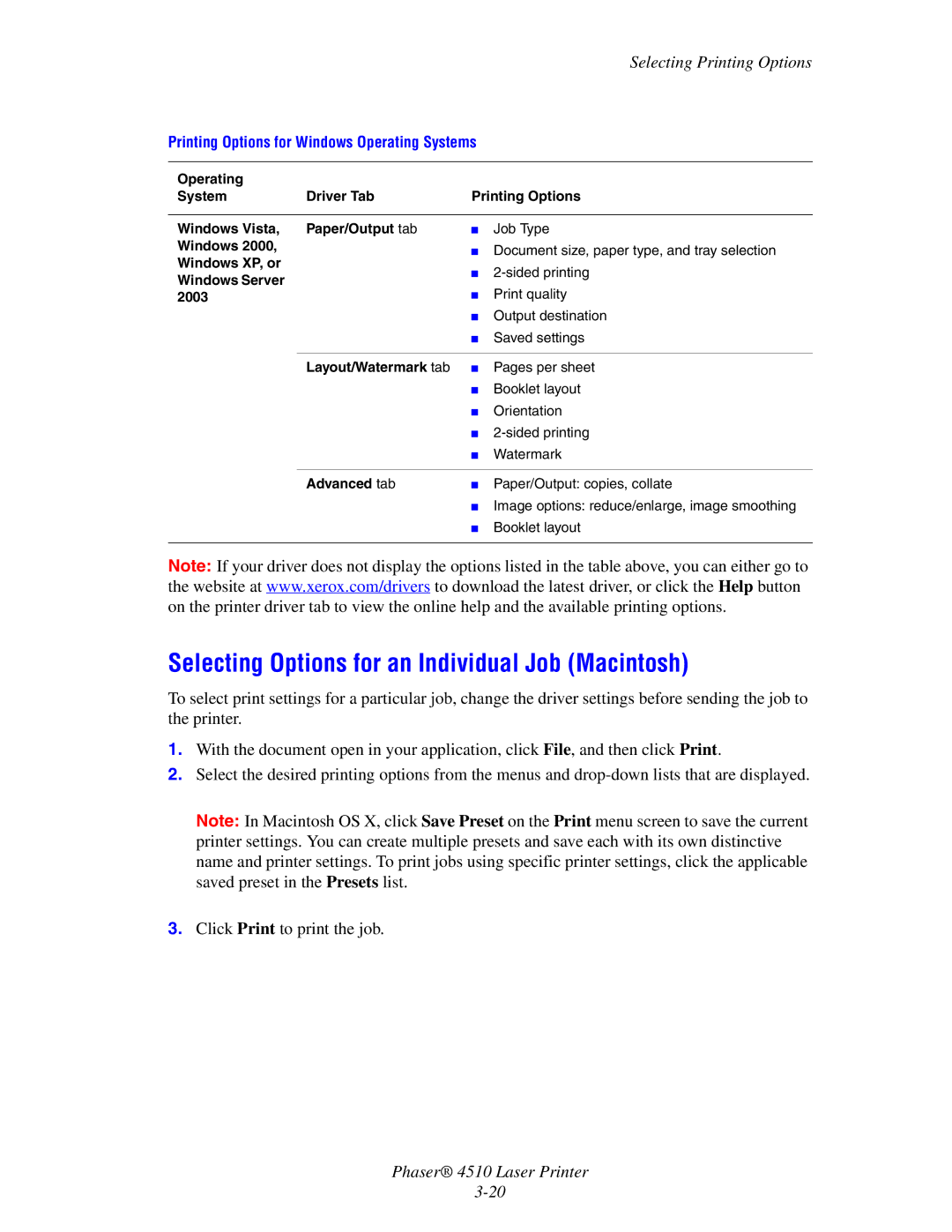 Xerox 4510 manual Selecting Options for an Individual Job Macintosh, Printing Options for Windows Operating Systems 