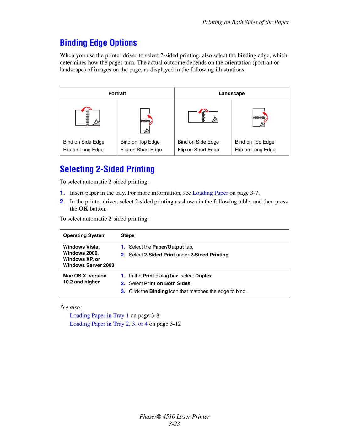 Xerox 4510 manual Binding Edge Options, Selecting 2-Sided Printing 