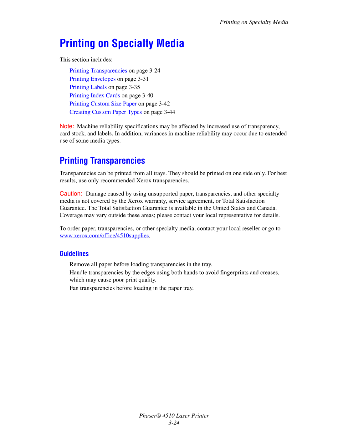 Xerox 4510 manual Printing on Specialty Media, Printing Transparencies, Guidelines 