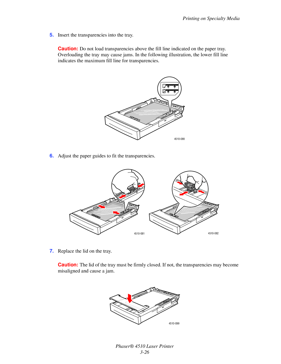 Xerox 4510 manual Insert the transparencies into the tray, Adjust the paper guides to fit the transparencies 